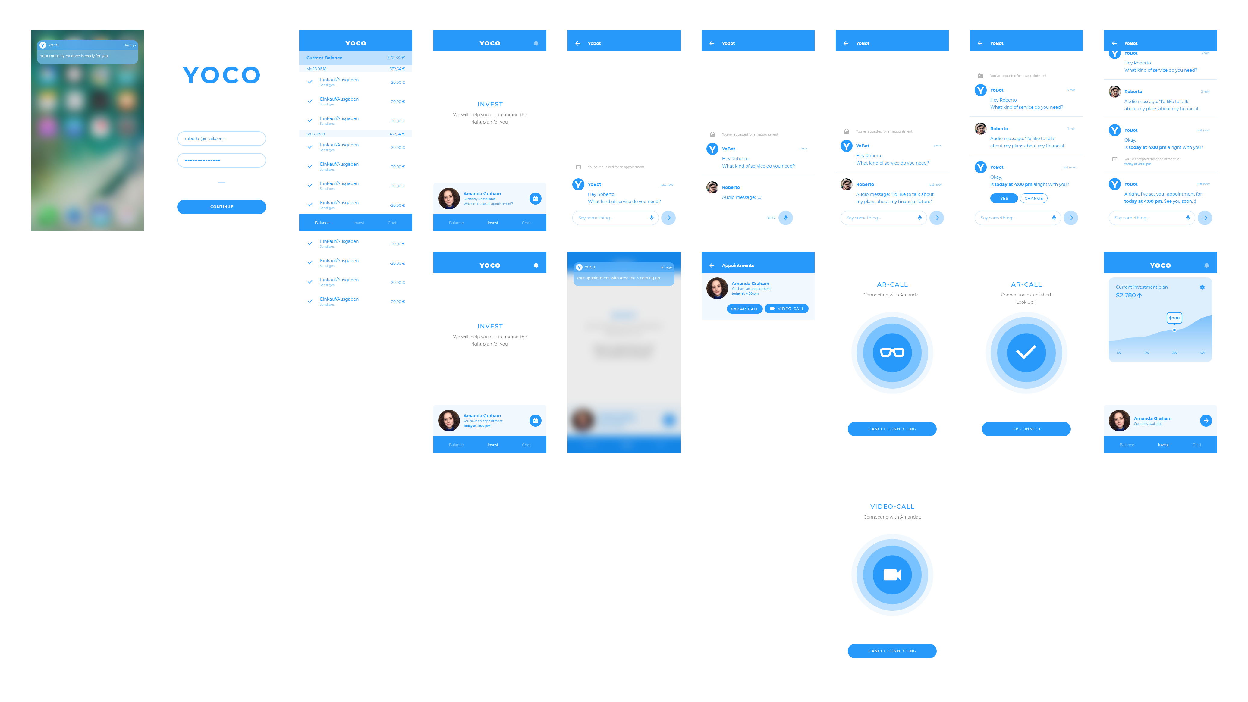 YOCO User Text: Lo-fi click-prototype screens