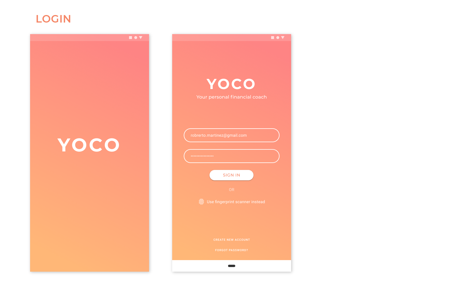 YOCO screens: Login