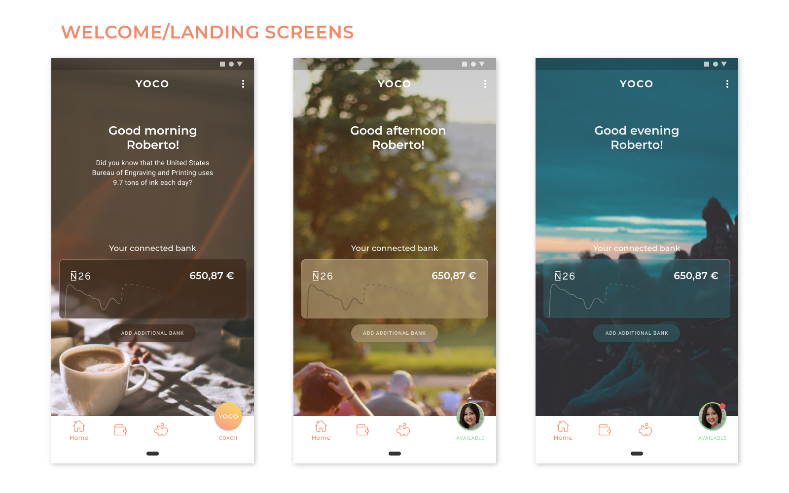 YOCO screens: Welcome/Landing Screens